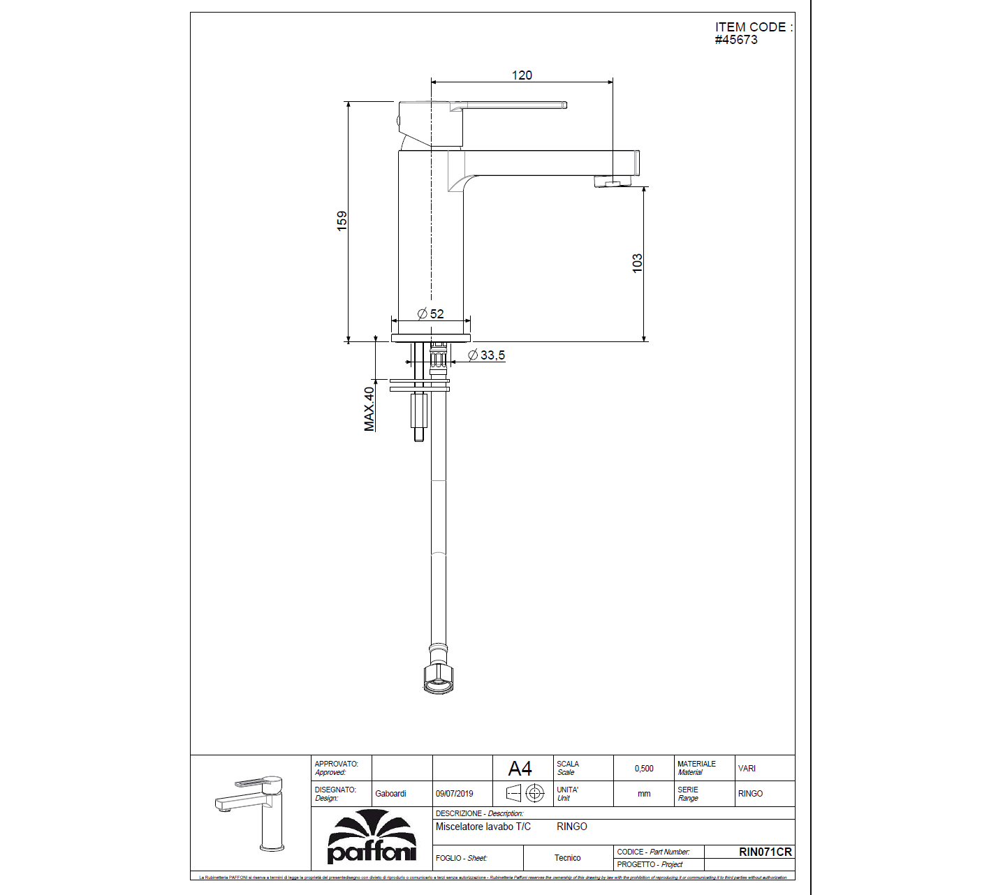 PAFFONI Basin Mixer RIN071 #45673 - Image 3