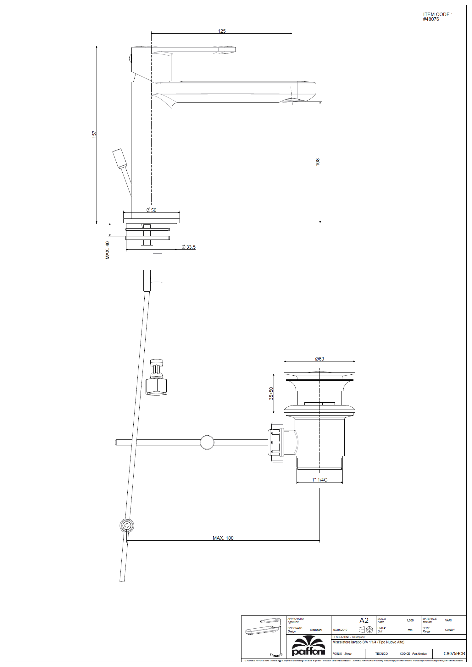 PAFFONI Basin Mixer CA075CR300-R05 #48076 - Image 3