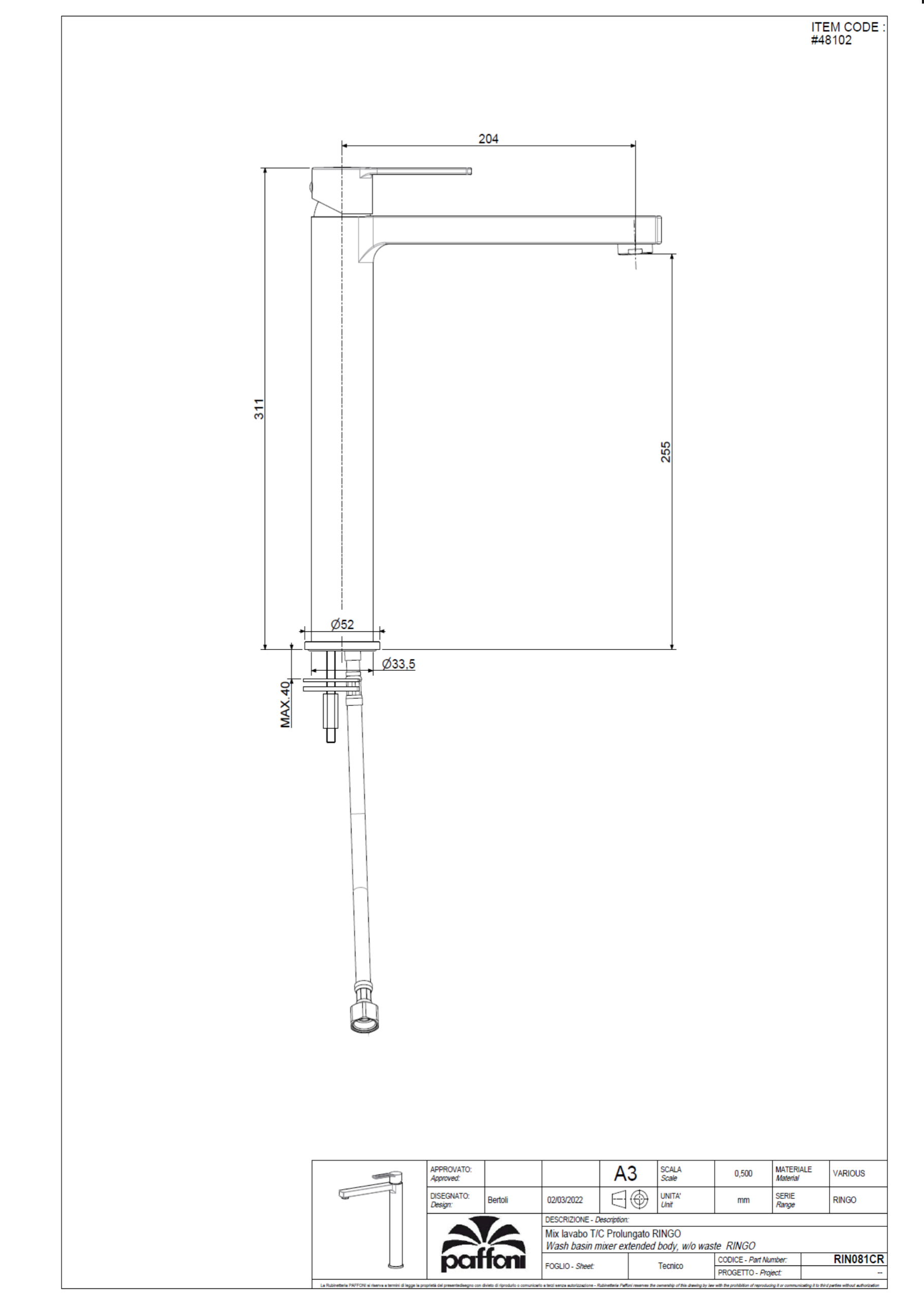 PAFFONI Basin Mixer RIN081NO3-R05 #48102 - Image 6